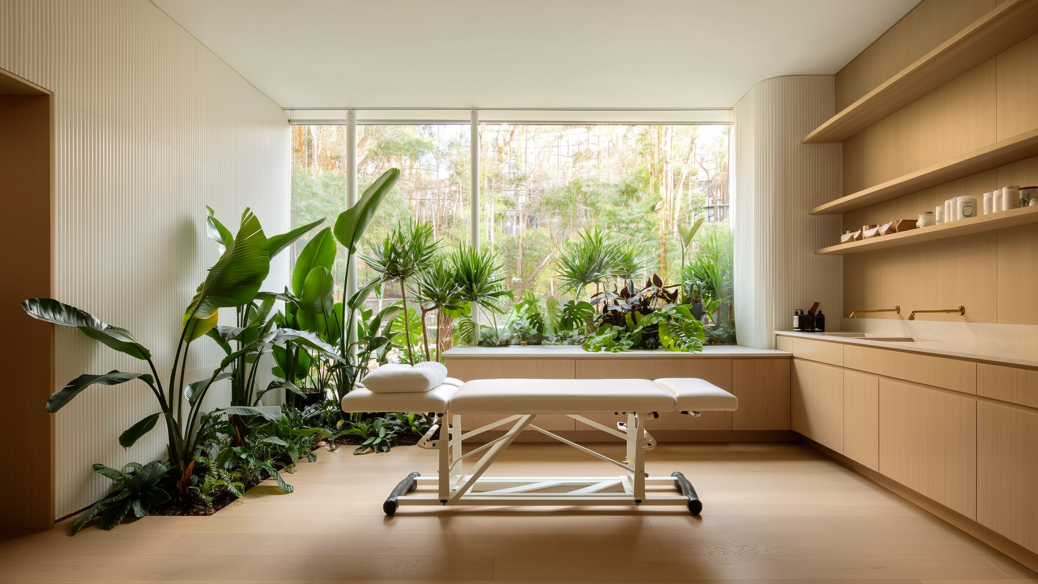 Bright, serene chiropractic treatment room with lush plants and natural light